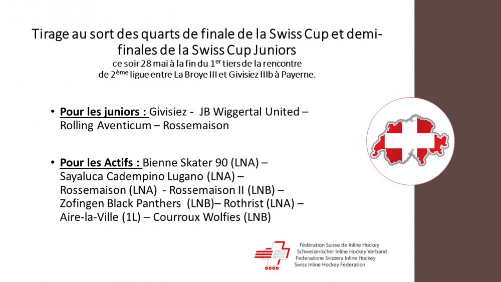 Tirage au sort quarts de finale SwissCup et Demi-finales Swiss Cup Juniors ce soir 28 mai 2018